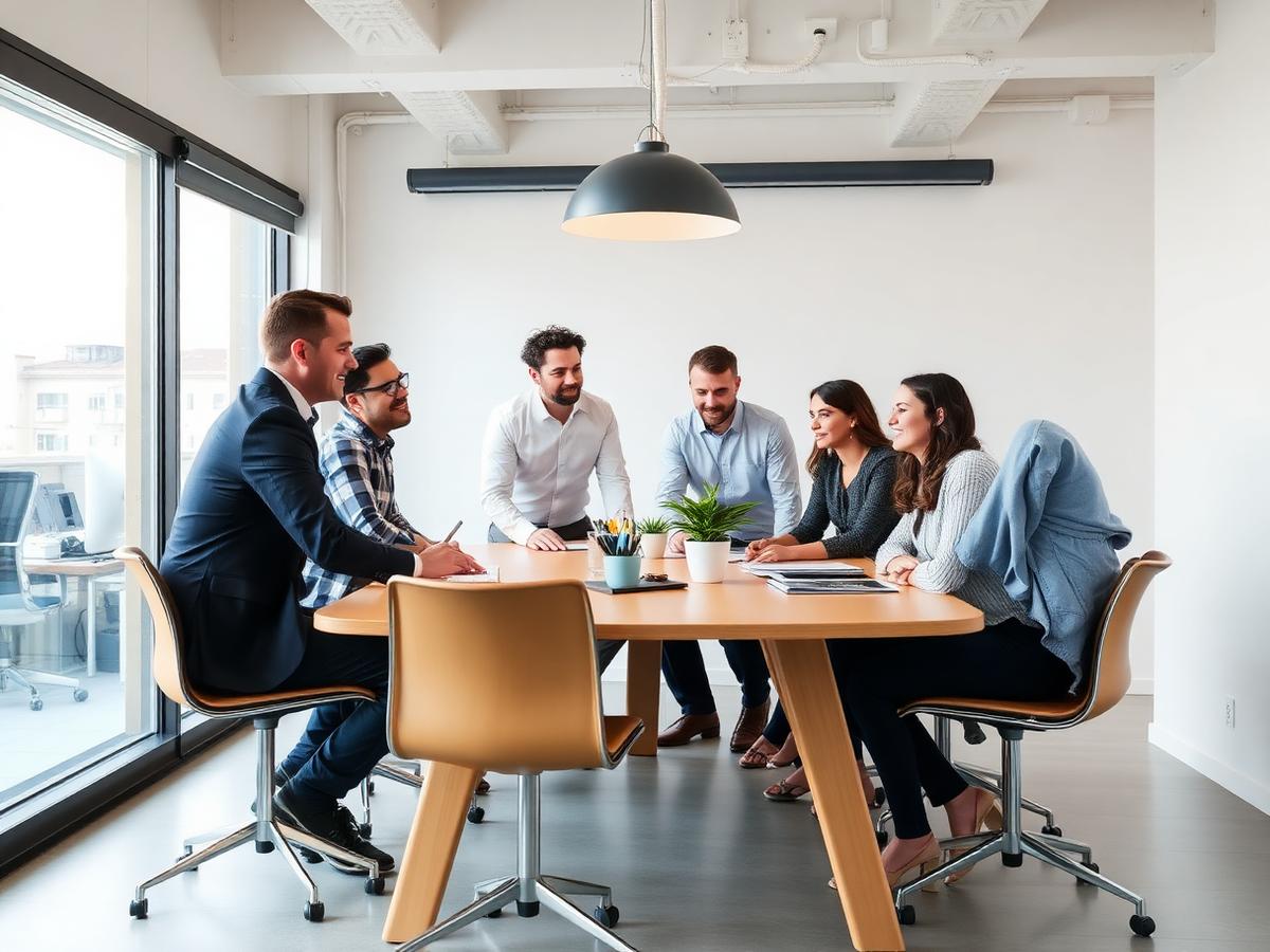Equipa diversa em reunião de trabalho num escritório moderno